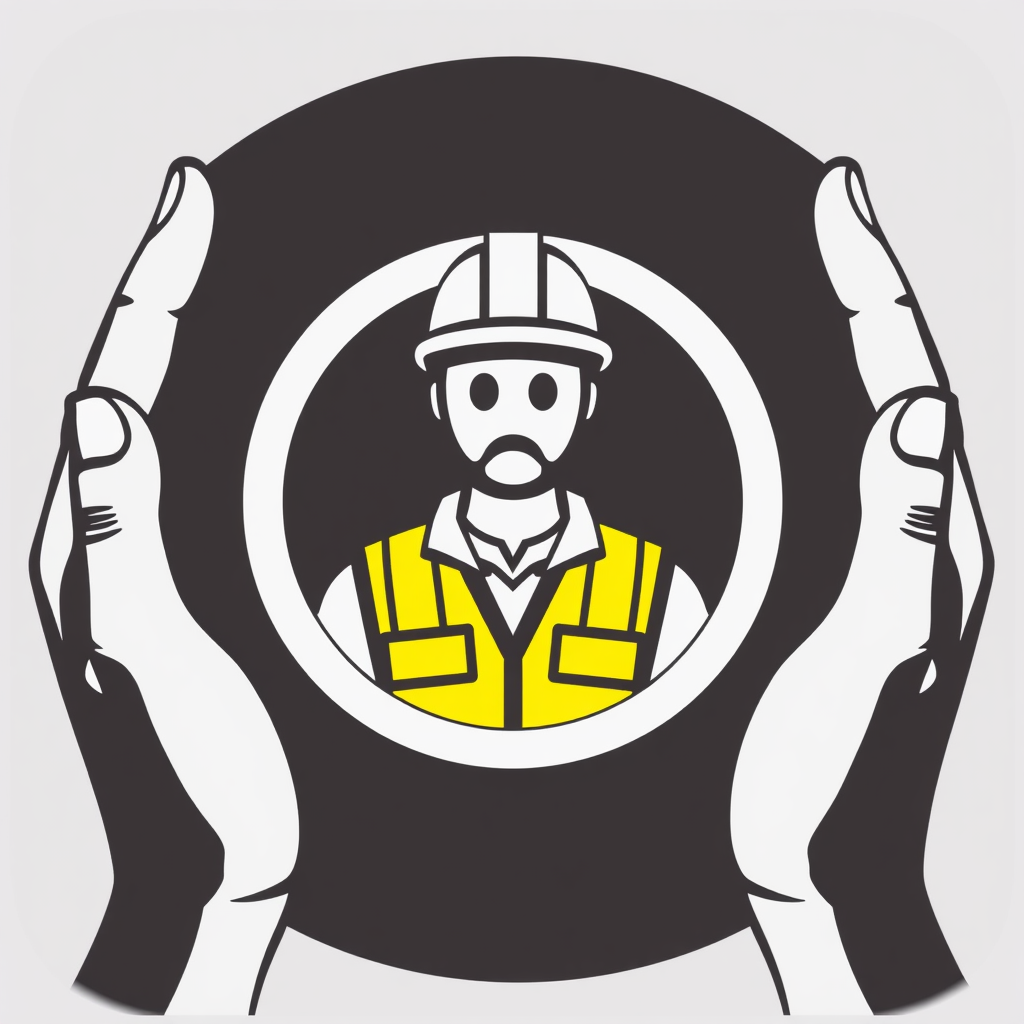 Two hands forming a protective circle around a stylized icon depicting a worker wearing a hard hat and safety vest.