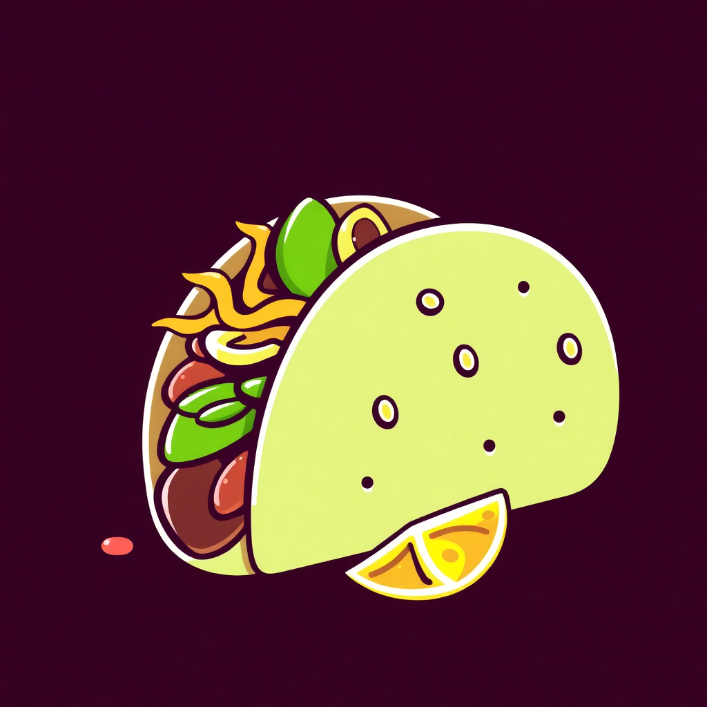 The image is an illustration of a taco. The taco is yellow in color and has a round shape with small holes on the top. It is filled with various ingredients such as lettuce, tomato, cheese, and other vegetables. There is also a slice of orange on the side of the taco, which is cut in half. The background is dark purple, making the taco stand out. The overall style of the illustration is cartoon-like.