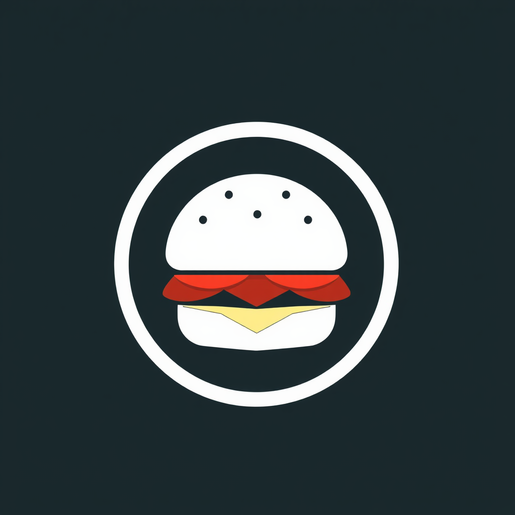 Develop a logo with a simple circle enclosing the geometric burger design, using contrasting color combinations to accentuate the shape. It will have a clean, contained appearance.