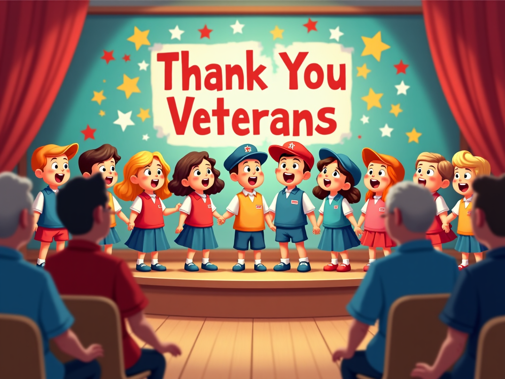 A heartwarming scene of children performing a patriotic song for a gathered veteran group. The kids, in matching outfits, sing with enthusiasm on a decorated school stage. Behind, a large, colorful mural displays the words 'Thank You Veterans,' accented with stars, conveying sincere appreciation.