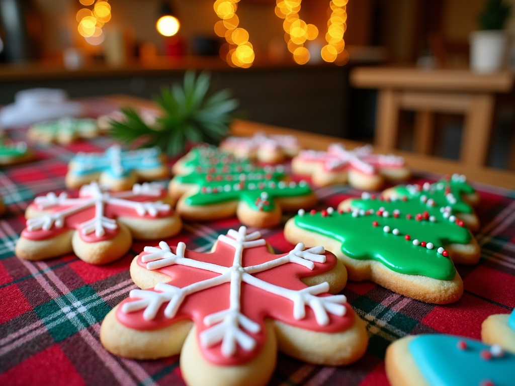  a table covered with a red and green plaid tablecloth. On the table, there are several decorated sugar cookies in the shape of snowflakes. The cookies are in different colors - red, green, and blue - and are decorated with white icing and sprinkles. There are also small pineapples scattered around the table. In the background, there is a blurred view of a kitchen with string lights hanging from the ceiling. The overall mood of the image is festive and cozy.