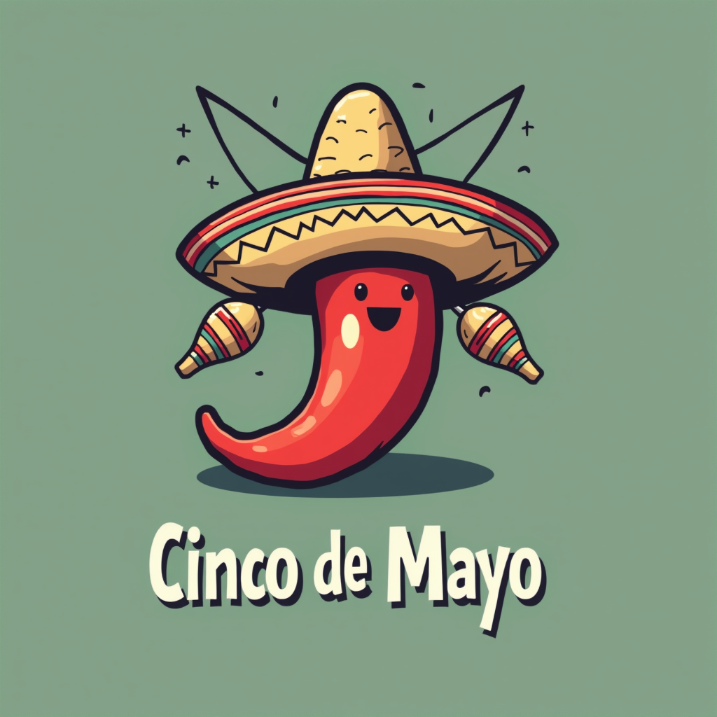 Minimalist Cinco de Mayo T-shirt: A simple and modern design featuring a stylized icon, such as a single chili pepper wearing a tiny sombrero, or crossed maracas, with 'Cinco de Mayo' in a clean, subtle sans-serif font below the graphic.