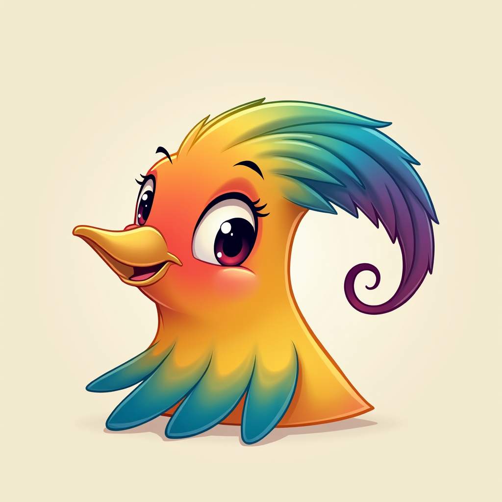 An icon of a simplified rainbow bird's head, perhaps with a single, prominent feather curving like a quill, suggesting messages or legends.