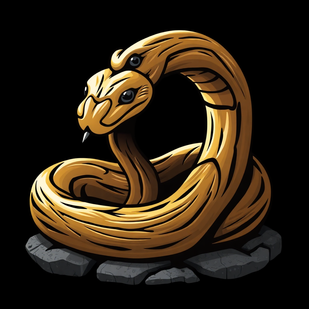 The image is a digital illustration of a snake coiled up on a rock. The snake is golden in color and has a pointed snout and sharp teeth. Its body is elongated and its head is turned to the side, with its tongue sticking out. The rock it is coiled on is grey and appears to be made of small pebbles. The background is black, making the snake and rock stand out.