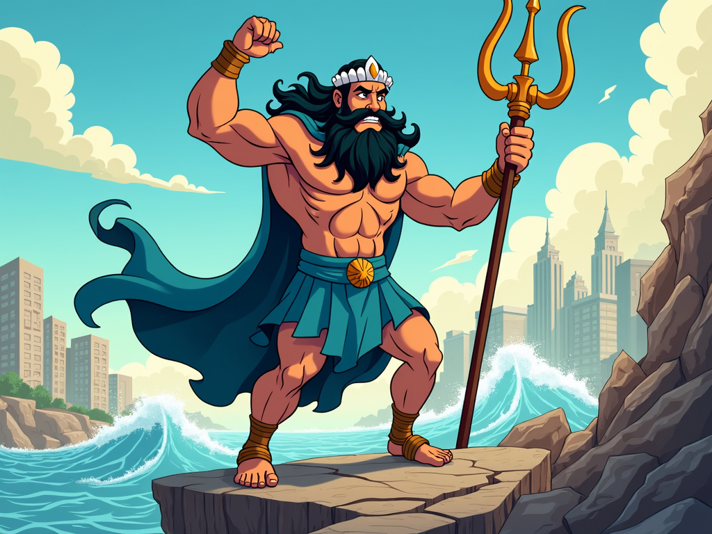 A powerful depiction of Poseidon causing an earthquake, with cracks appearing in the earth and buildings crumbling.