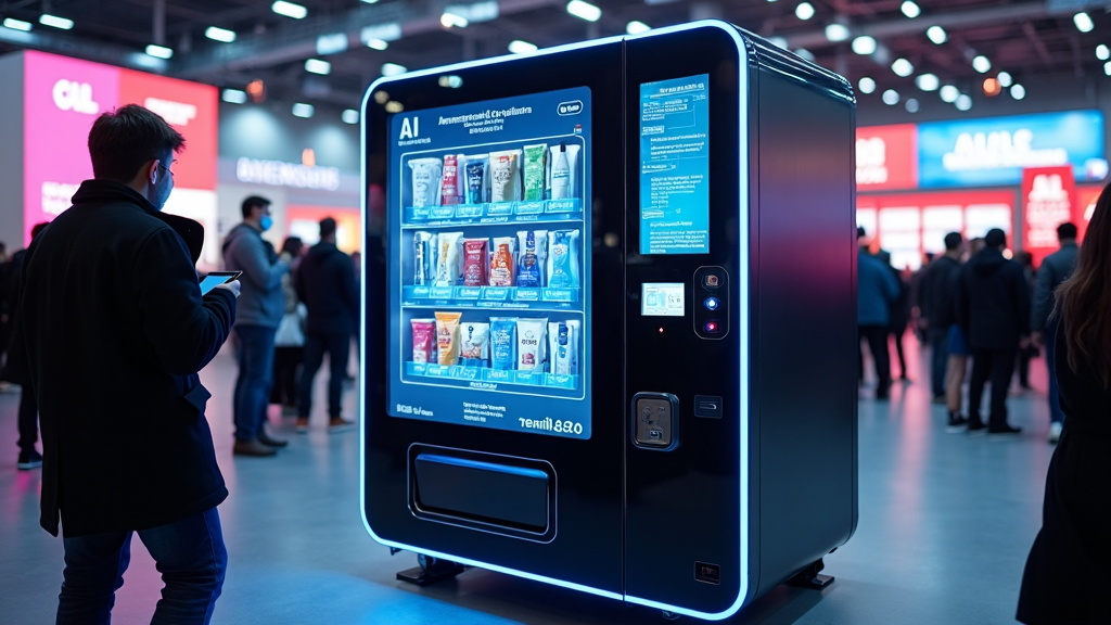 A futuristic AI-powered vending machine in a tech expo, showcasing its ability to recommend items and answer questions through a touch-screen interface.