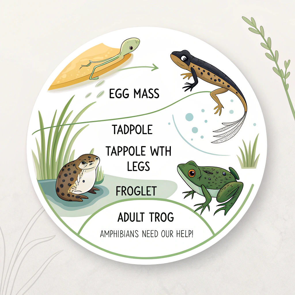 Informative Diagram Sticker: Design it like a mini-infographic. Clearly label each stage (Egg Mass, Tadpole, Tadpole with Legs, Froglet, Adult Frog). Include a concise conservation fact or message, like 'Amphibians Need Our Help!'.