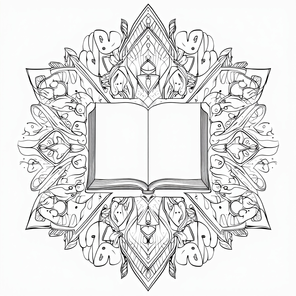 An 'Open Book of Knowledge' mandala where the center is an open book, and the layers expanding outwards are formed by patterns of various school supplies like protractors, compasses, glue sticks, and paperclips, interspersed with motifs like lightbulbs or graduation caps.