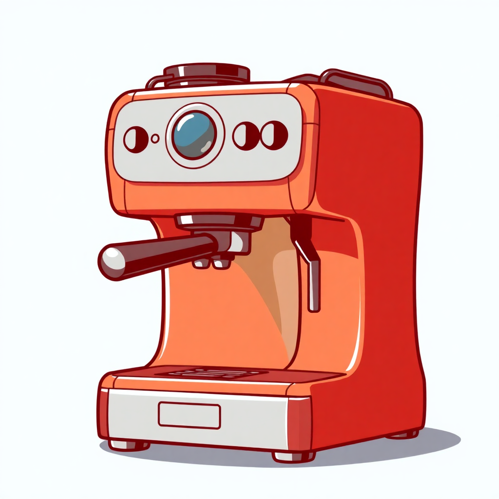 The image is a digital illustration of a red coffee machine. The machine has a sleek and modern design with a round base and a handle on the right side. The top of the machine is covered with a black lid and has a small window on the front. The window has a blue circle in the center, which appears to be a coffee filter. On the left side, there is a small handle for pouring the coffee into the machine, and on the bottom, there are two buttons for controlling the machine's settings. The coffee machine is standing upright on a white background.