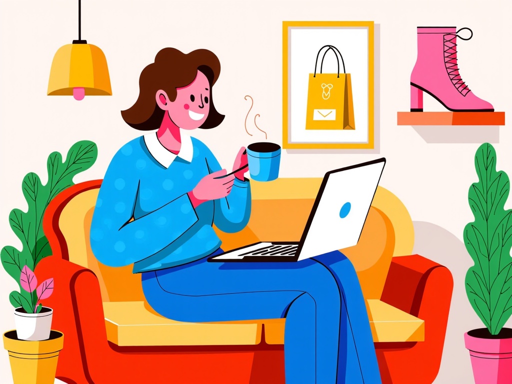  a young woman sitting on a red armchair with a laptop in front of her. She is wearing a blue sweater and has a cup of coffee in her hand. She has a smile on her face and appears to be enjoying her coffee. On the wall behind her, there is a framed picture of a yellow shopping bag and a pair of pink high-heeled boots. There are two potted plants on either side of the armchair and a yellow lamp hanging from the ceiling. The overall style of the image is cartoon-like.