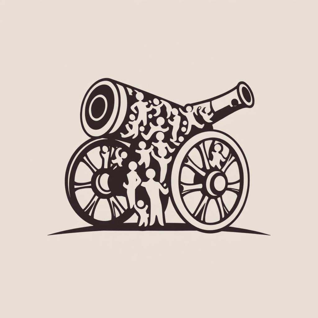 Sub Design Idea 1 (The People's Cannon): A traditional Arsenal cannon, its form and structure (barrel, wheels) are artfully composed of stylized, intertwined human figures. This signifies the fan base and local community as the foundational strength, while maintaining the iconic 'Gunners' cannon silhouette.