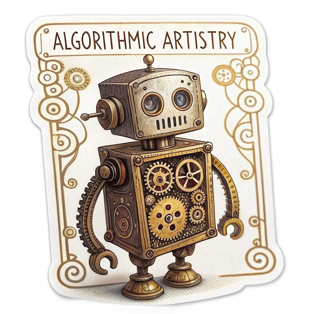 A steampunk-inspired automaton, crafted from intricate gears and polished brass, meticulously painting with an ornate brush. Algorithmic patterns are subtly etched into its metallic body. Sticker text: 'Algorithmic Artistry'.