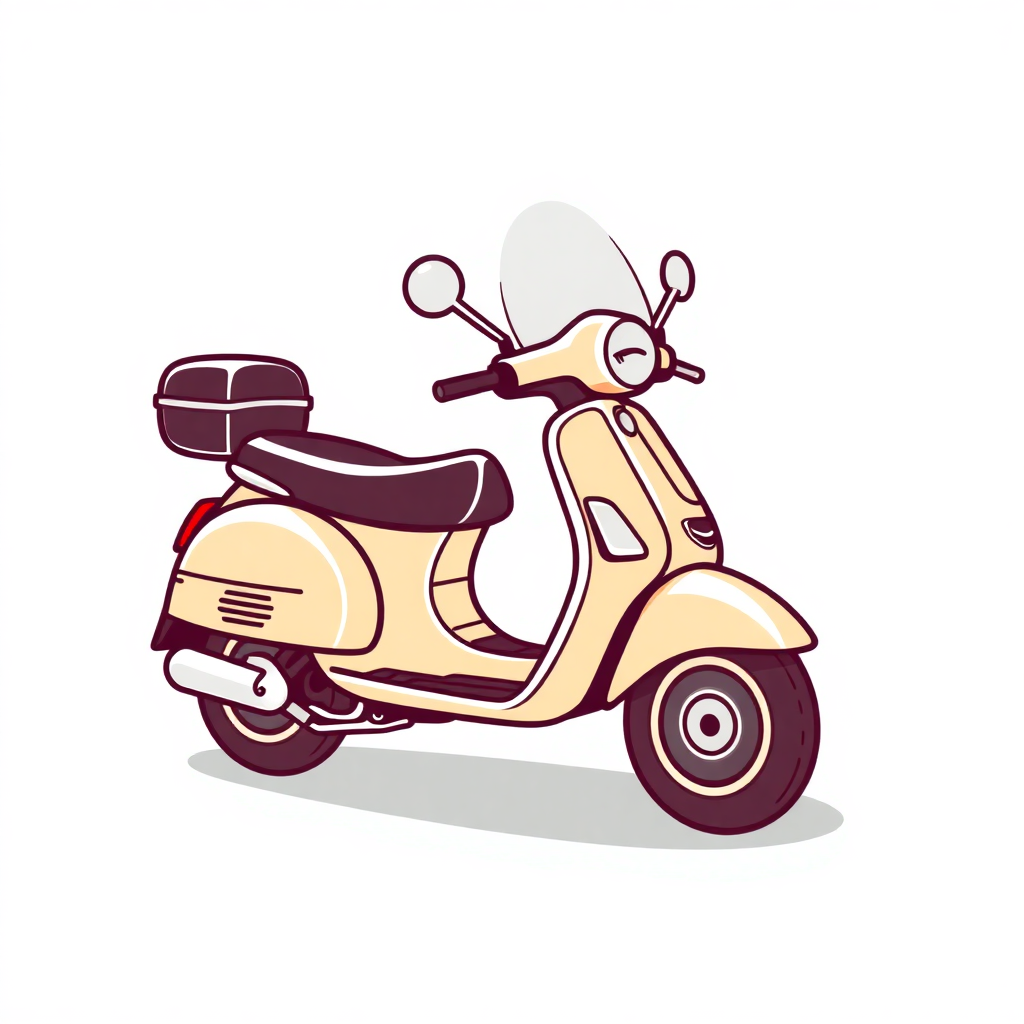 The image is a digital illustration of a scooter. The scooter is beige in color and has a black seat and handlebars. It has a large windshield on the front and two round mirrors on the top. The handlebars are curved and there is a small storage compartment on the back. The wheels are large and have a silver rim. The background is white.