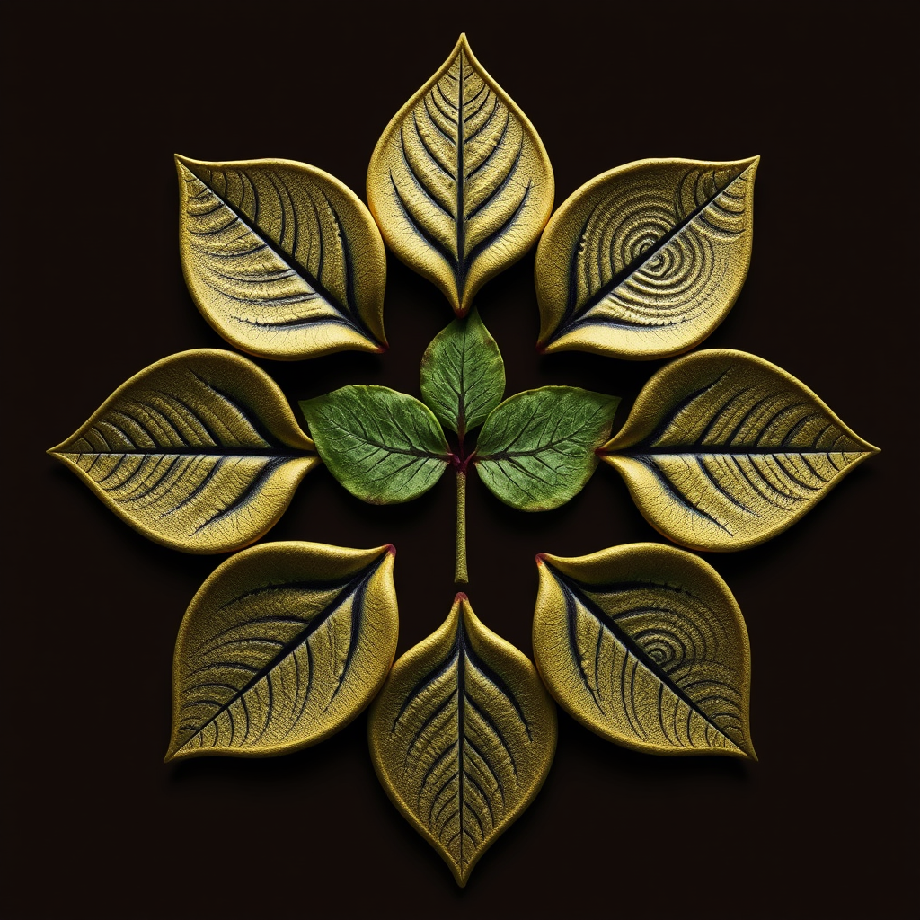A circular logo formed by interconnected leaves, each showcasing a distinct organic texture like fingerprints or vein etchings, conveying natural cycles with a handcrafted feel.