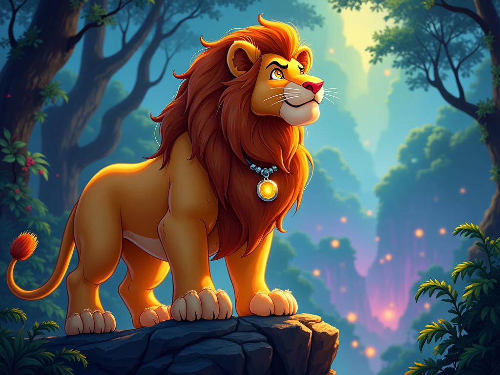 A lion with glowing eyes, creating a mystical and powerful feeling.