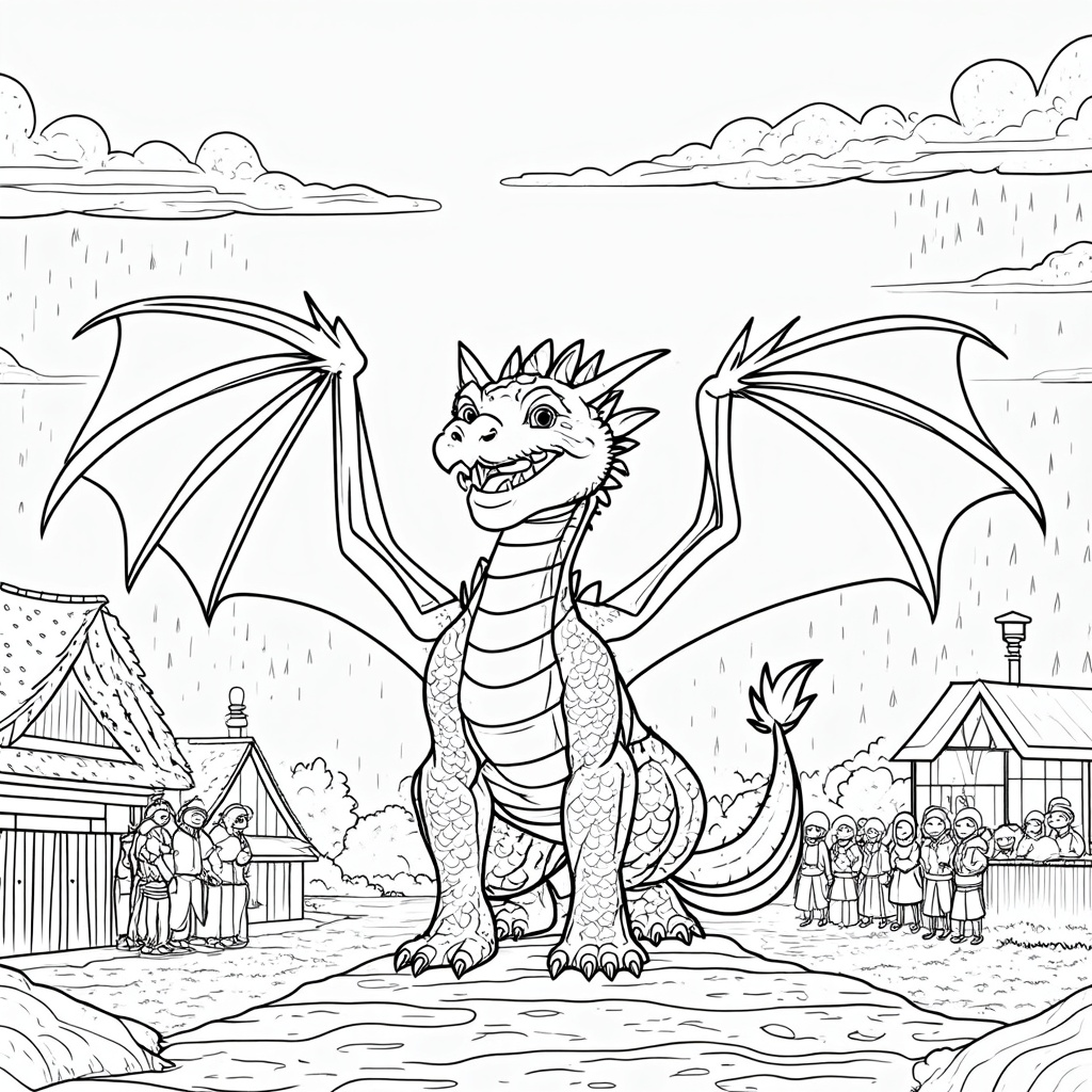 A heroic dragon protecting a village from a storm with its mighty wings. The dragon takes a stance of bravery, spreading its wings wide to shield the houses from the rain and wind. Villagers gather under the shelter in gratitude, adding heartwarming elements to the story.