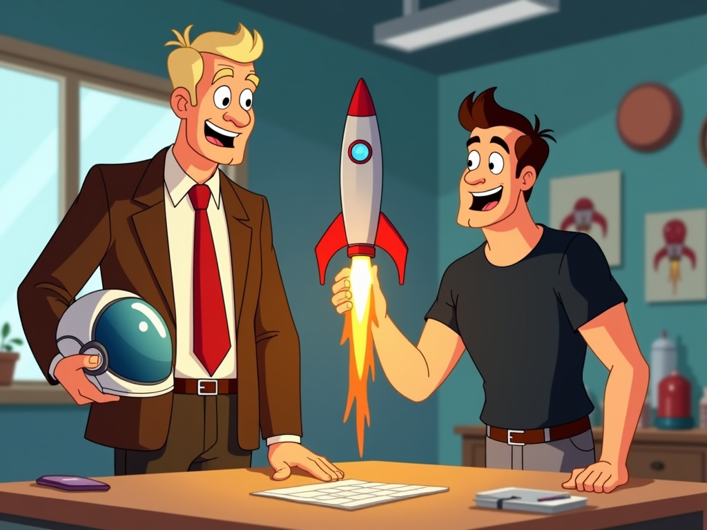 An animated scene showing Donald Trump holding a space helmet, while Elon Musk is launching a small model rocket from a tabletop in a cartoonish office setting.