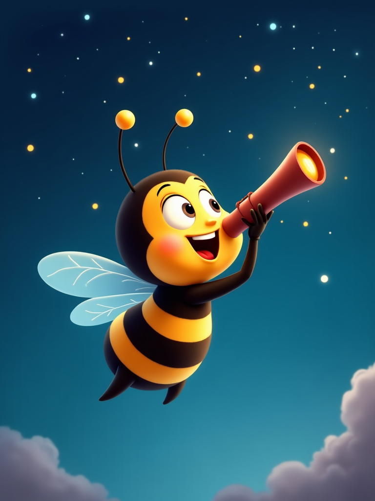 A cartoon bee with a telescope, marveling at the stars above, its expression one of wonder and curiosity.