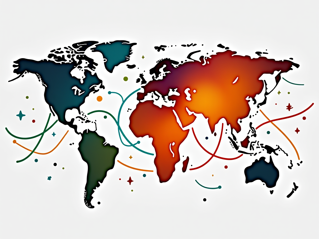 Stylized world map with continents linked by vibrant, flowing lines representing good deeds radiating outwards and connecting diverse regions globally.