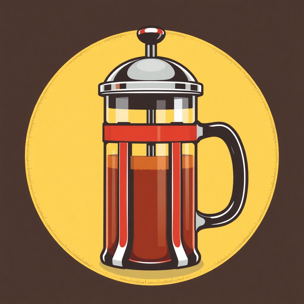 The image is an illustration of a french press coffee maker. The french press is made of glass and has a red handle on the right side. It has a silver lid with a red knob on top. The handle is curved and appears to be made of metal. Inside the french press, there is a glass jar filled with a dark red liquid, which is likely coffee. The jar is placed on a yellow circle with a brown background. The overall style of the illustration is flat and cartoon-like.