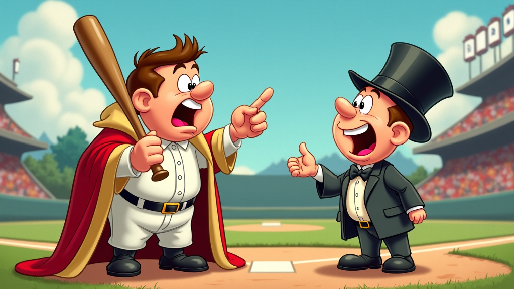 Babe Ruth in regal attire, looking slightly disheveled and humorous, arguing emphatically with a tiny umpire caricature (who is also dressed in miniature royal guard attire). Babe uses his bat like a scepter, pointing it skyward.