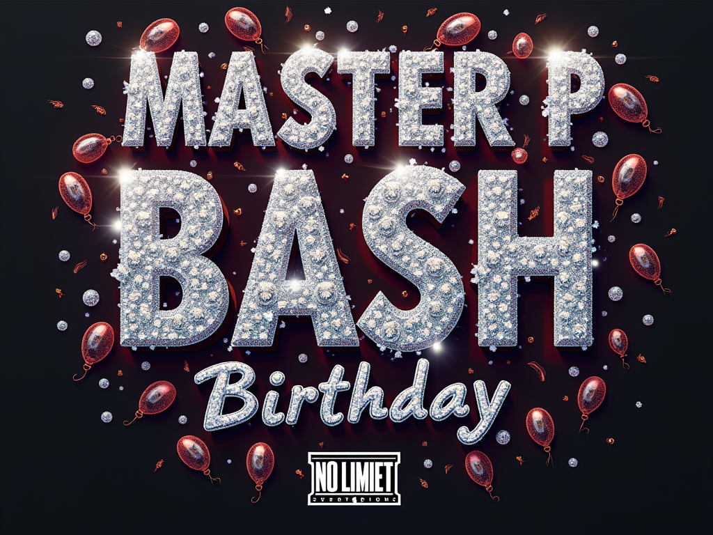 An 'iced out' design where the words 'Master P Birthday Bash' and the No Limit tank logo are rendered to look like they are covered in diamonds. The background could be a subtle repeating pattern of birthday elements (balloons, confetti) in a contrasting, less flashy color.