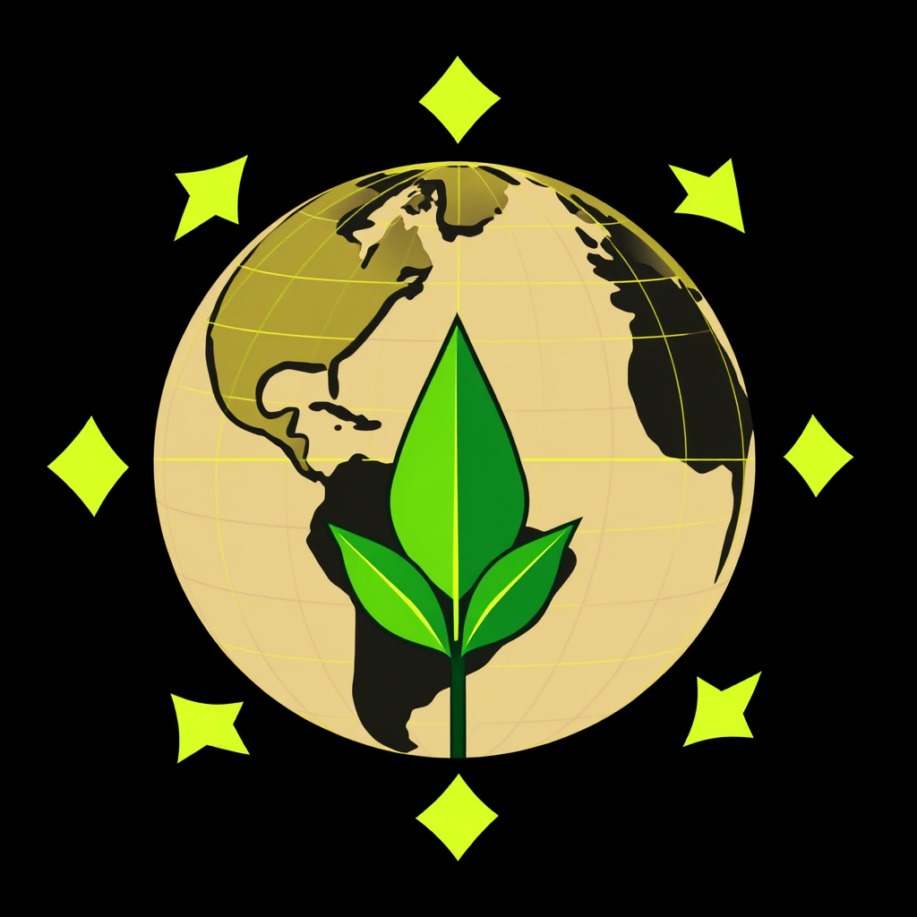 Dynamic Globe of Action: A stylized globe where latitude/longitude lines are replaced by interconnected arrows in a continuous circular motion, symbolizing ongoing climate action. A prominent green leaf or tree motif signifies sustainability and life, emphasizing global cooperation.