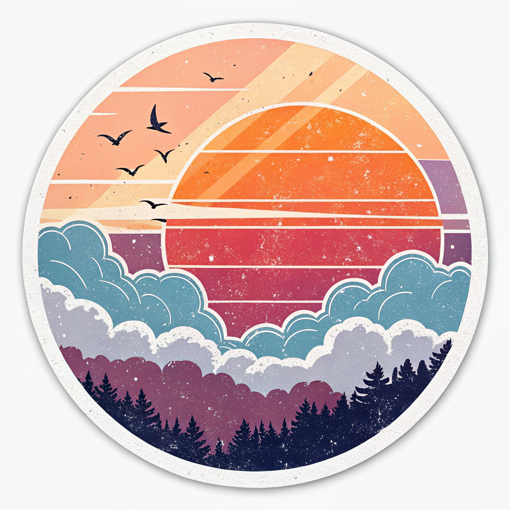 The image is a circular illustration of a sunset. The background is a gradient of orange, pink, and purple, with the sun in the center. The sun is surrounded by a pink and orange gradient, with a few birds flying in the sky. The sky is filled with white clouds, and there are trees and mountains in the foreground. The overall style of the illustration is flat and minimalistic.