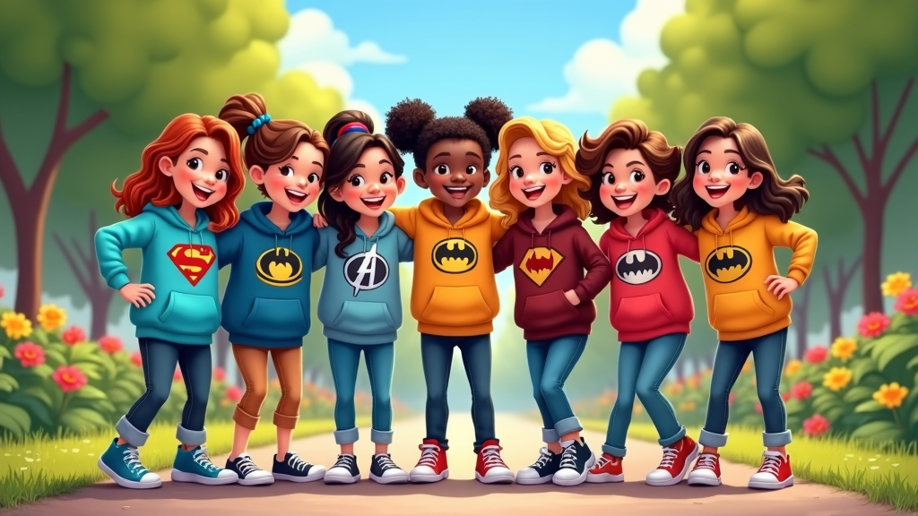 A group of friends wearing matching cartoon hoodies, each featuring different heroic characters.