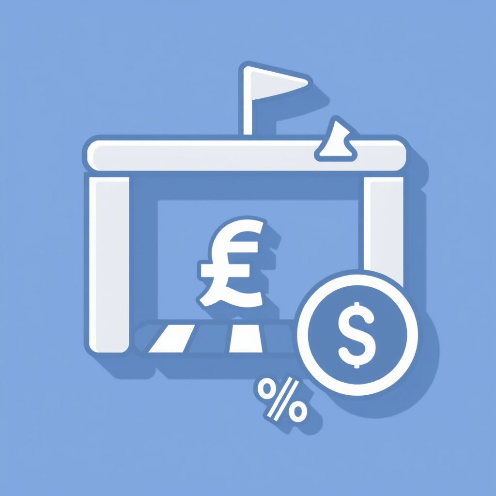 Sub-Design 2 (Gate & Cost): A stylized customs gate or checkpoint icon with an arrow indicating export movement, accompanied by a clear currency or percentage symbol to denote tariff cost.