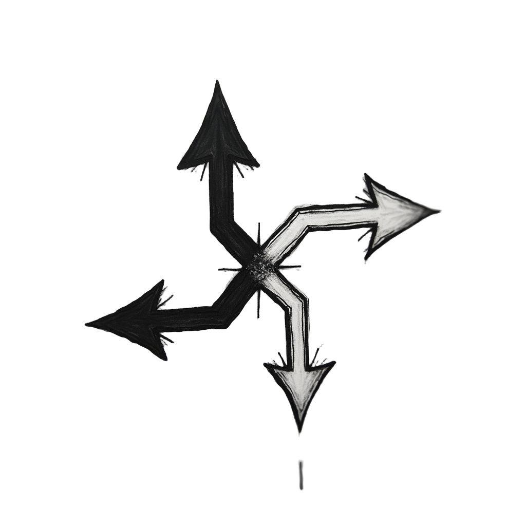 Sub-design idea 5: Mirrored States Glyphs. Two abstract, symmetrical glyphs or symbols representing correlated opposite states (e.g., one black, one white; one solid, one outline; up/down arrows). They are positioned as mirror images or interlocked, with a shared boundary or connecting element that visually binds them.