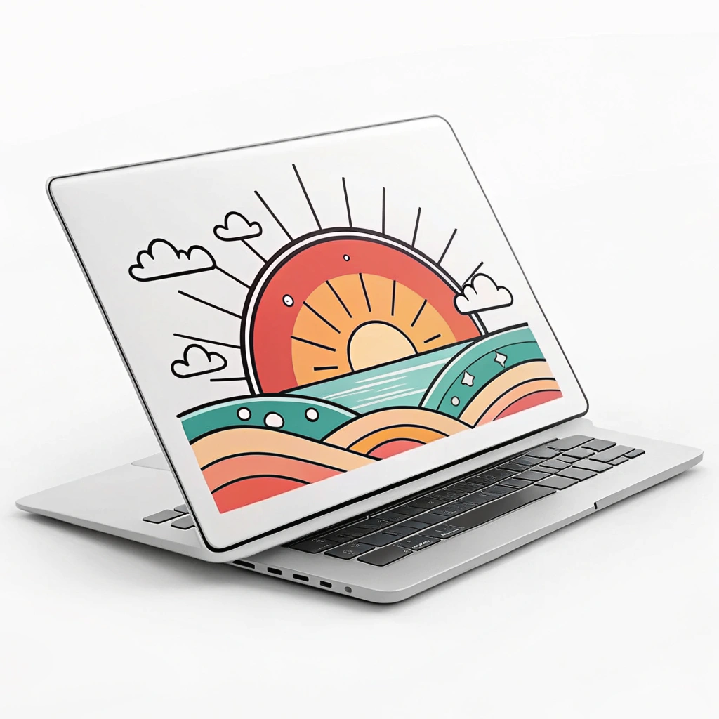 A laptop with a sunrise or sunset scene on the screen, representing flexible work hours.