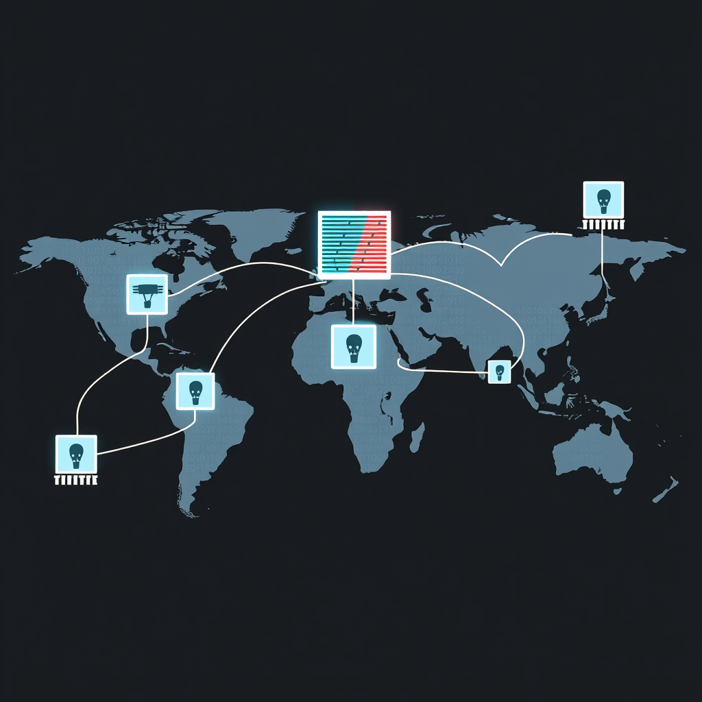 Data streams visualized flowing across a flattened world map or an abstract global grid. 'Corrupted' or 'threat' data packets (differentiated by color or glitch effect) are intercepted and neutralized by a series of interconnected filter, gate, or barrier icons strategically placed along the data pathways.