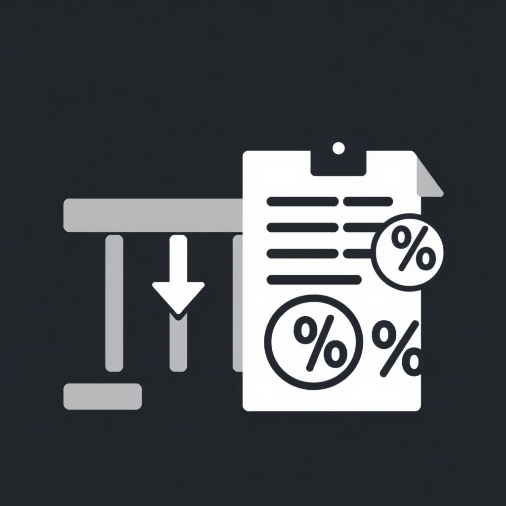 A stylized customs gate or barrier with an arrow indicating downward entry (import), and an official document icon alongside featuring a tax stamp (e.g., '%' or a currency symbol).