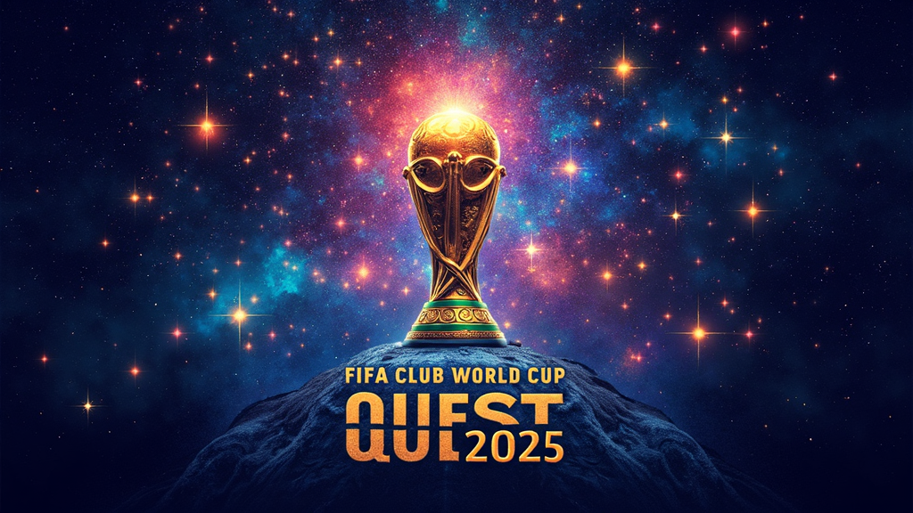 Constellation of Champions: A design set against a cosmic backdrop where stars represent participating clubs, with the FIFA Club World Cup trophy as the central, brightest 'star' or nebula. 'The Trophy Quest' is depicted as a celestial journey, leading to 'Champions' Glory 2025'.
