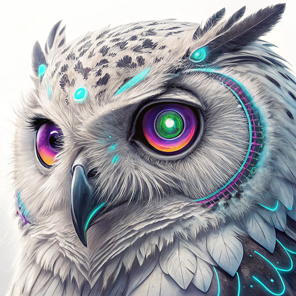 A sticker featuring a close-up of an owl's face, with its large, captivating eyes as the central focus. The irises are a swirling mix of neon blues and purples, outlined with a vibrant neon pink. Subtle geometric patterns, like circuitry, glow softly in neon green on the feathers around the eyes, enhancing the 'gaze' effect.