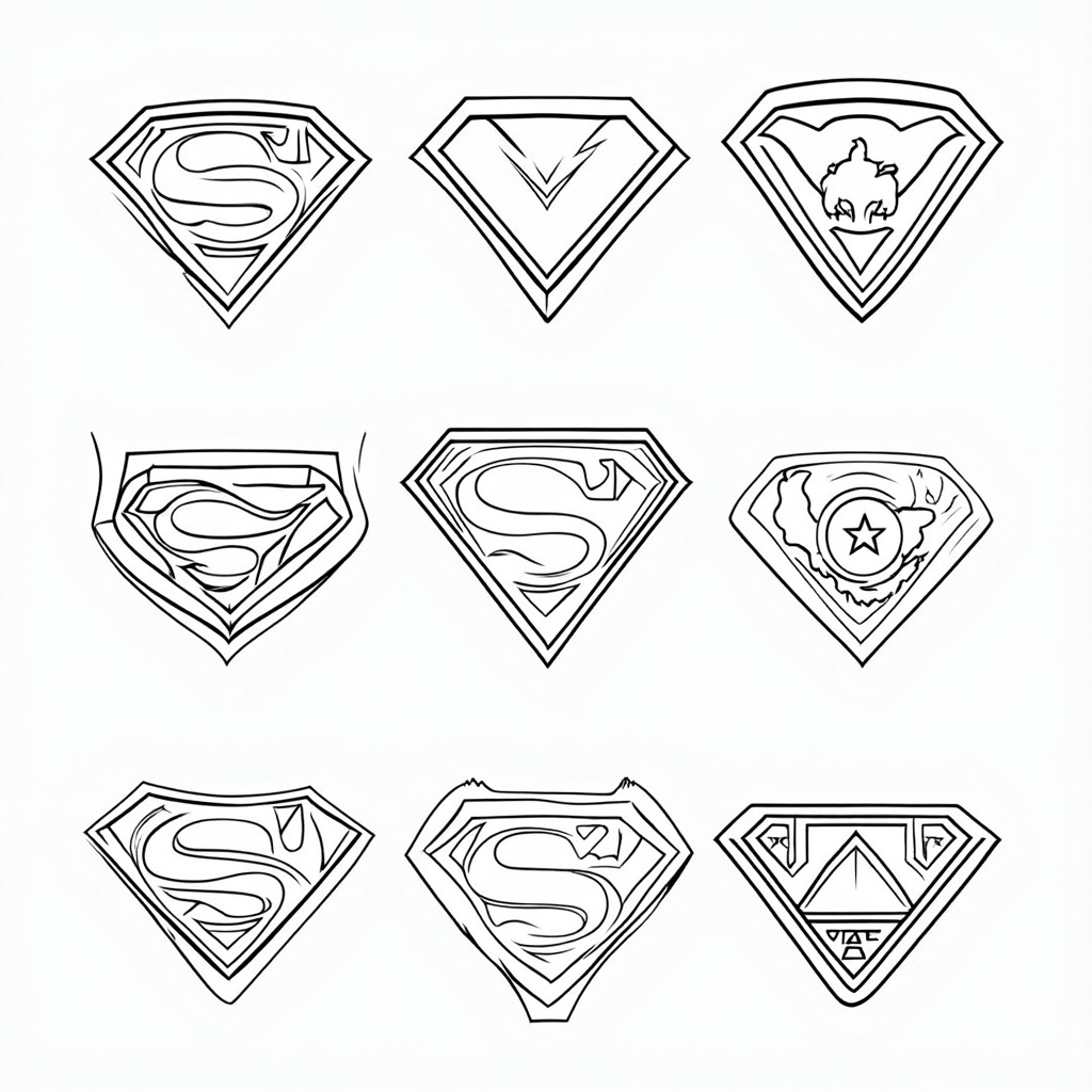 Design a coloring page with multiple smaller superhero emblems, each with a unique shape and symbol, allowing for a variety of coloring options.