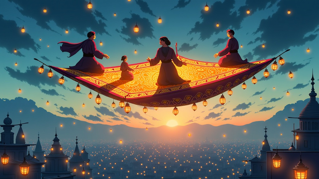 Focus on the intricate details and magical glow of the flying carpet itself, perhaps with silhouetted figures. The city below is depicted with soft, dreamlike lighting, hinting at its sleeping state.