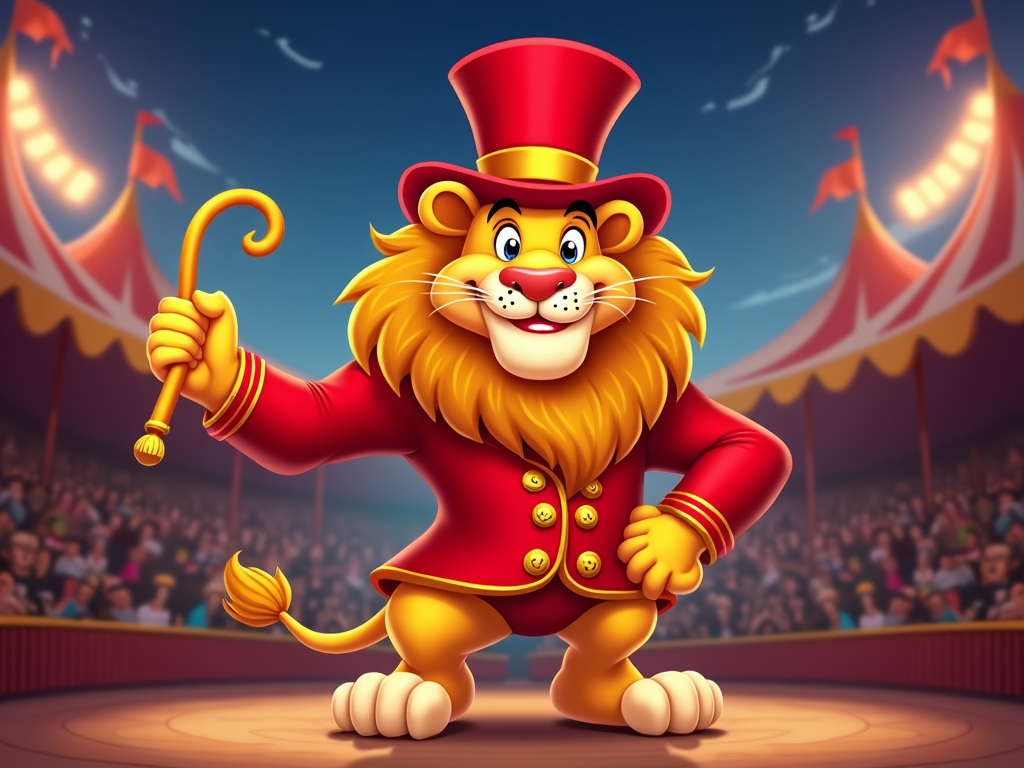 Cartoon lion wearing a ringmaster's outfit, holding a whip and standing proudly.