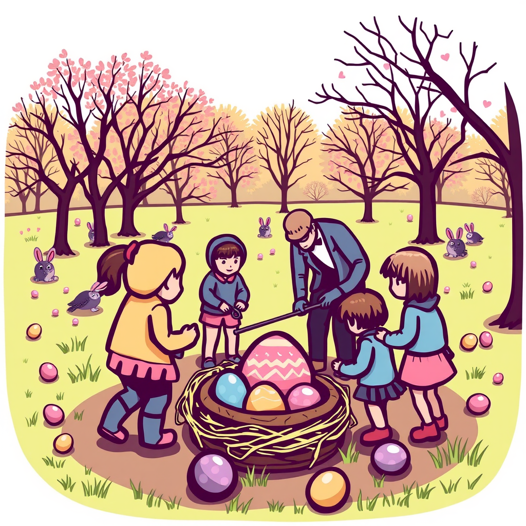 An icon showing an egg hunt in a park with families celebrating.