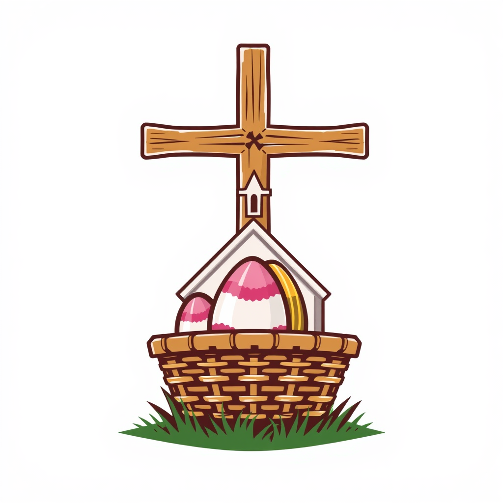 An icon that combines religious and secular imagery, such as a cross with an Easter egg or a church with a picnic basket, to represent the varied aspects of the holiday.