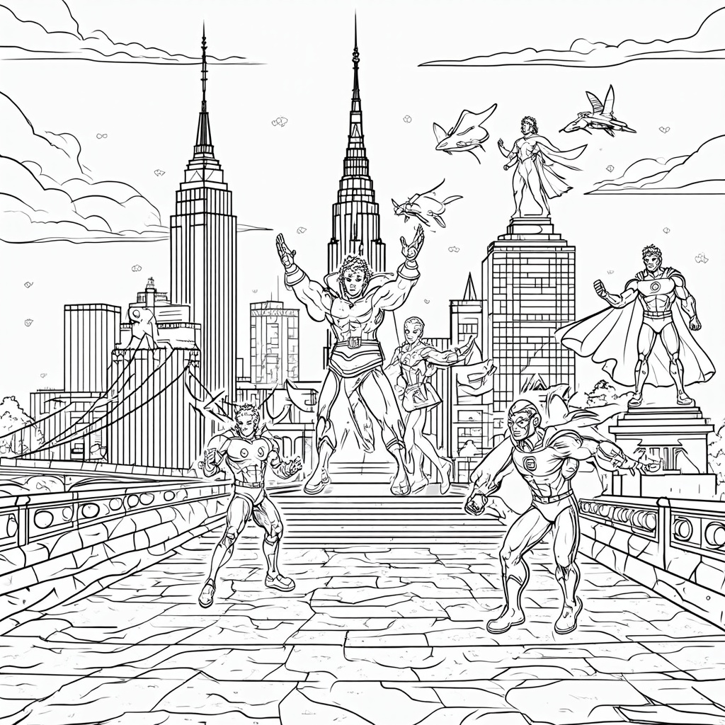 A collage of iconic city landmarks (e.g., bridges, statues) transformed into superhero headquarters or training grounds.