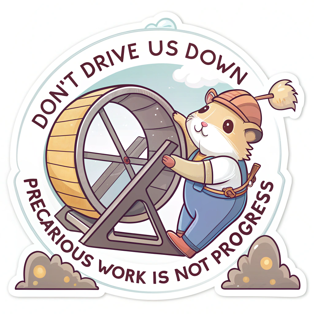 A visual metaphor of a gig worker as a hamster on a wheel that powers a large machine (representing the platform/app). Text suggestion: 'Don't Drive Us Down' or 'Precarious Work is Not Progress'.
