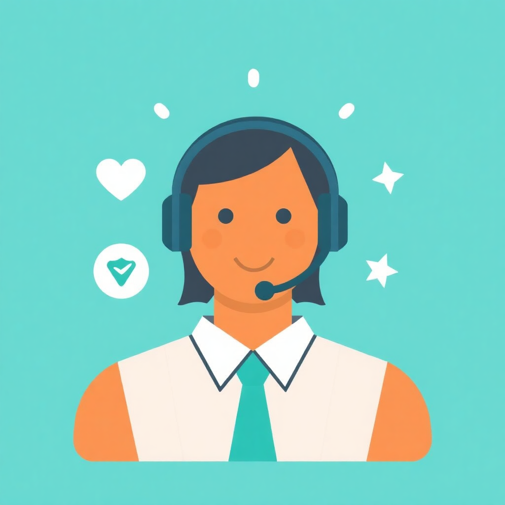 The image is an illustration of a person wearing a headset with a smile on their face. The person is wearing a white collared shirt and a green tie. The background is a light turquoise color and there are white stars scattered around the person. Above the person's head, there are three icons - a heart, a checkmark, and a star. The overall design is flat and cartoon-like.