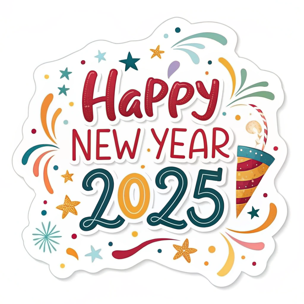 The image shows a poster with the words Happy New Year 2025 written in bold, colorful letters, surrounded by a festive design of stars, confetti, and other celebratory elements. The poster is perfect for celebrating the start of a new year and wishing everyone a happy new year.