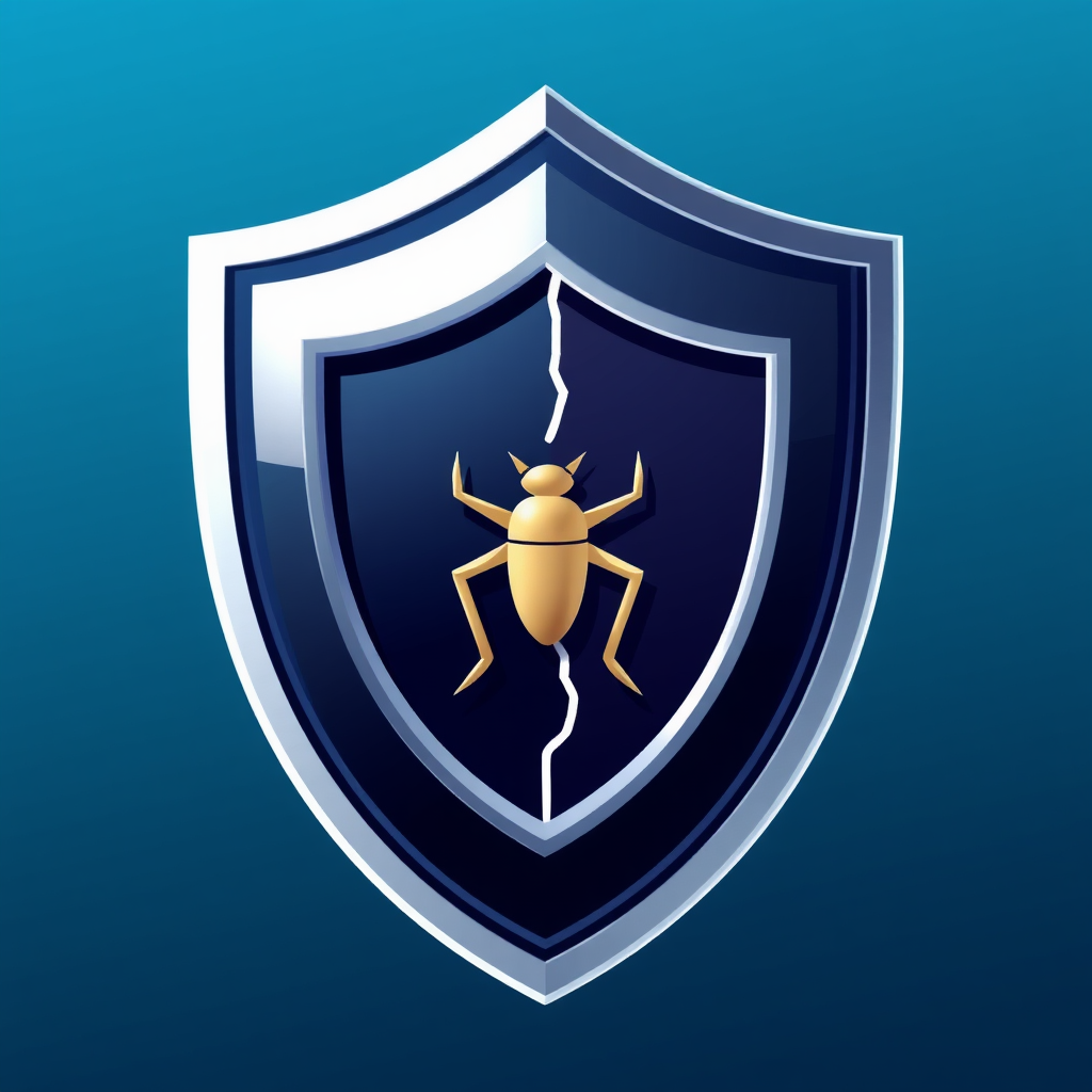 Vulnerability Visualized: A shield icon featuring a distinct crack, a missing piece, or a stylized bug symbol on its surface to represent a security weakness.