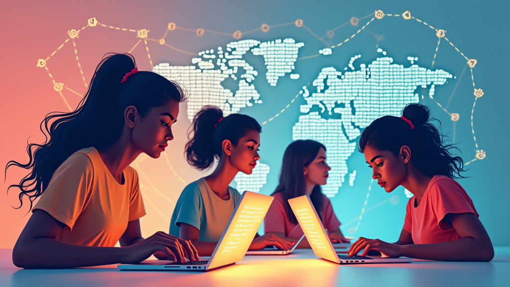 Illustrative design showing diverse female figures, stylized and modern, collaboratively working on laptops. Glowing lines of code emanate from their screens, intertwining to form a larger, abstract shape like a tree of knowledge, a bridge, or a network that subtly forms a globe. Slogan integrated within the visual flow.
