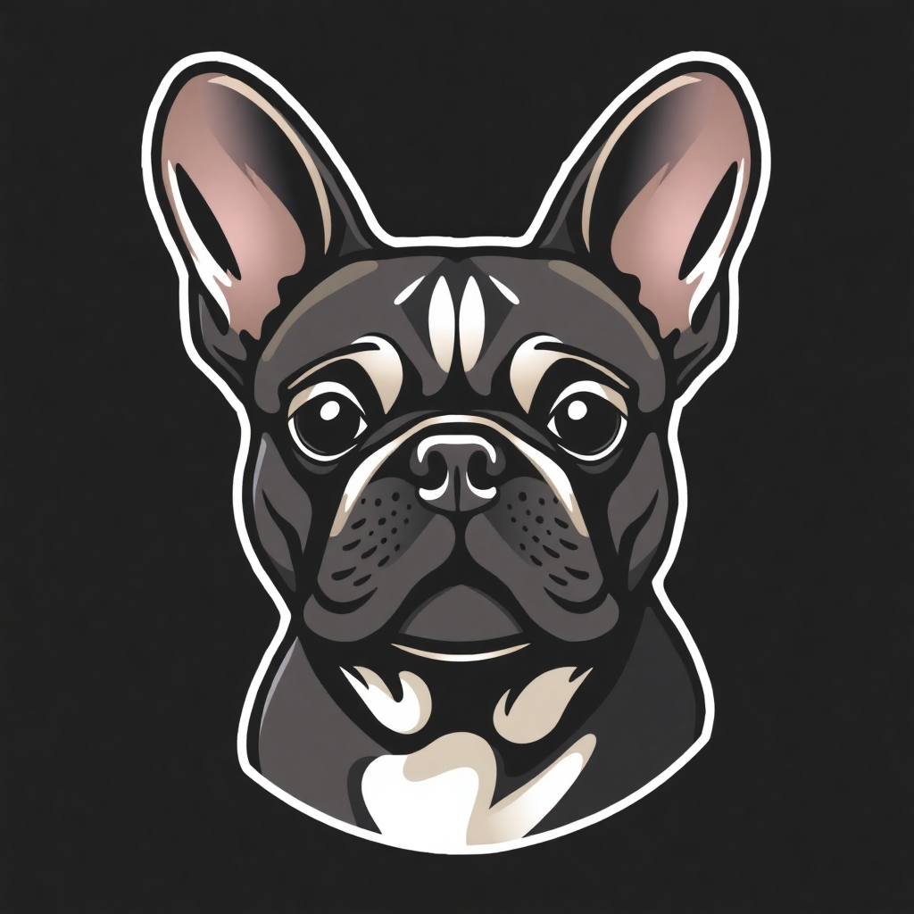 The image is a digital illustration of a French Bulldog's head. The dog is shown in a side profile view, with its head facing towards the left side of the image. The head is black with white markings on its face and ears. The eyes are large and round, and the nose is small and pointed. The mouth is slightly open, and there is a small nose piercing. The background is black, making the dog's face stand out. The overall style of the illustration is simple and cartoon-like.