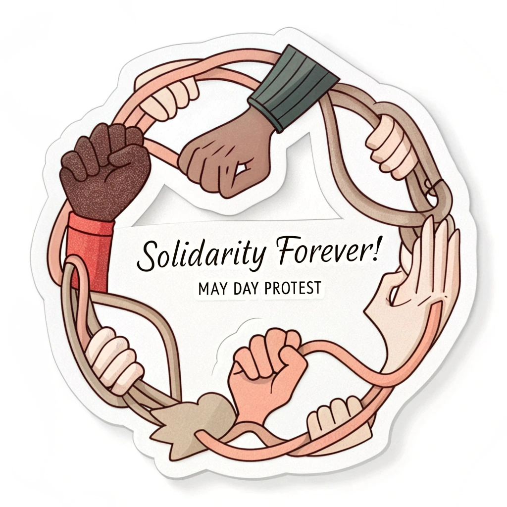 Linked Hands/Figures: Symbolize 'Solidarity Forever!' with a clean illustration of interconnected hands or abstract figures forming a strong, unified chain or circle. 'May Day Protest' text subtly integrated.