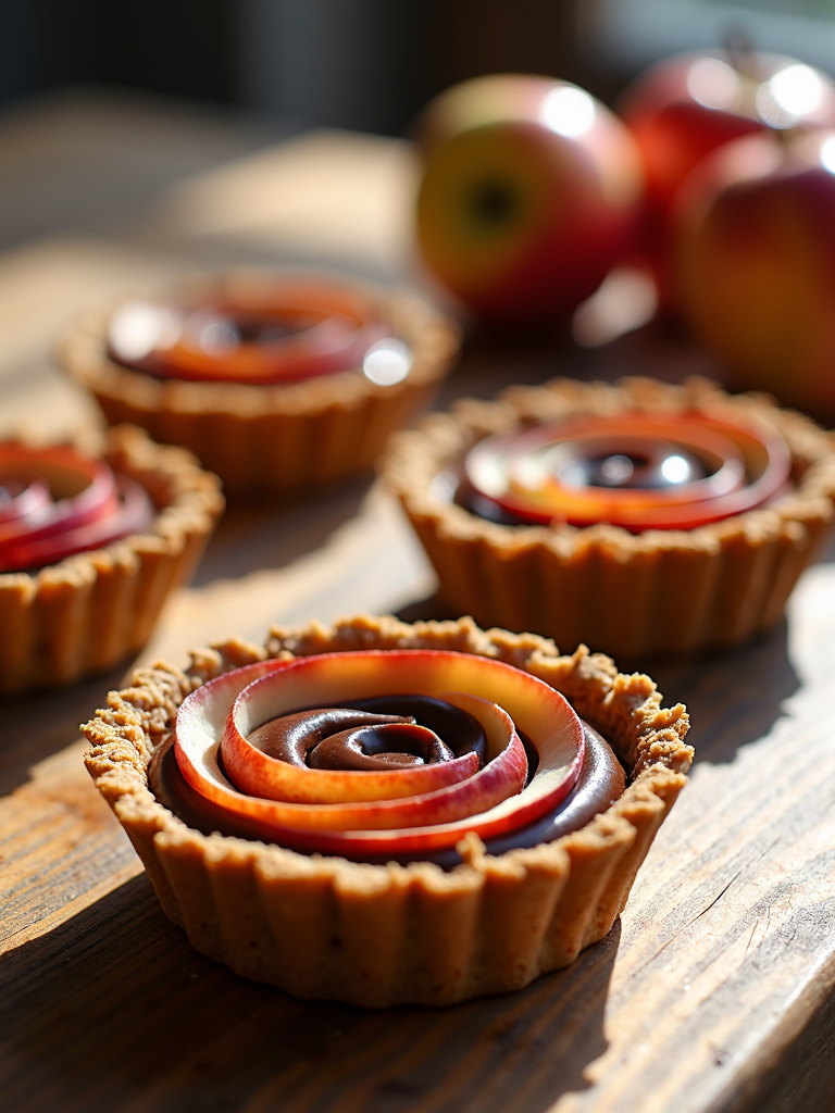 Individual apple slice chocolate tarts, with a graham cracker crust.